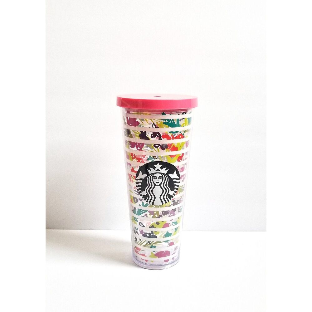 STARBUCKS Venti Cold Cup Tumbler White Stripes Coral Lid Floral 24 oz 2017 - Picture 1 of 12